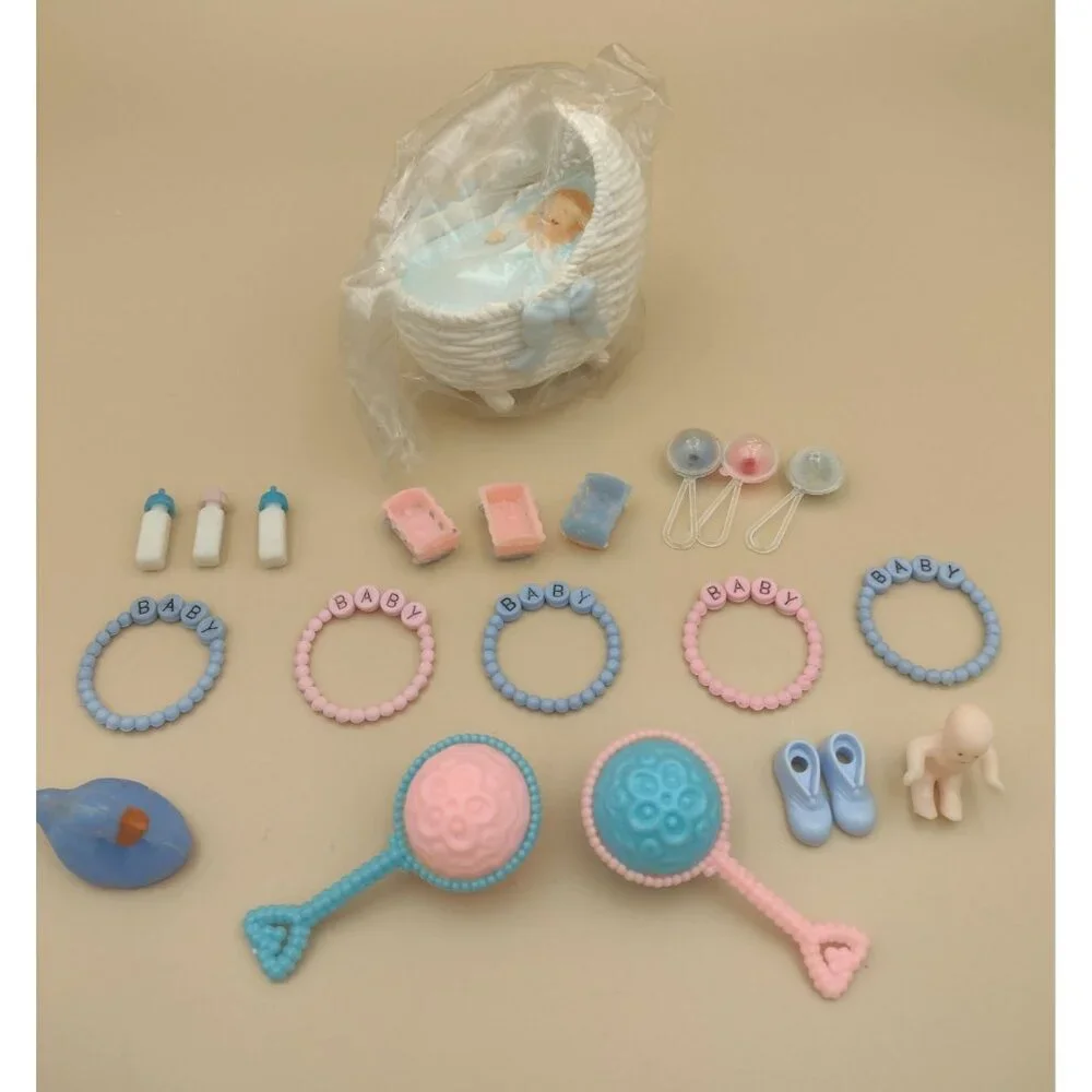 Vtg Baby Shower Doll Miniature Set Cradle Rattles Bottles Cake Toppers Decor